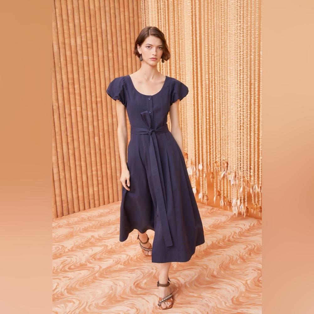 NWT Ulla Johnson Rhea Navy Blue Belted Cotton Midi Dress | size 2 - Picture 1 of 8